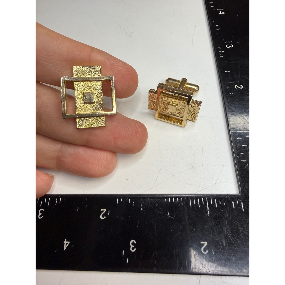 Vintage Gold Tone Brutalist Geometric Textured Cufflinks Mid Century Modern